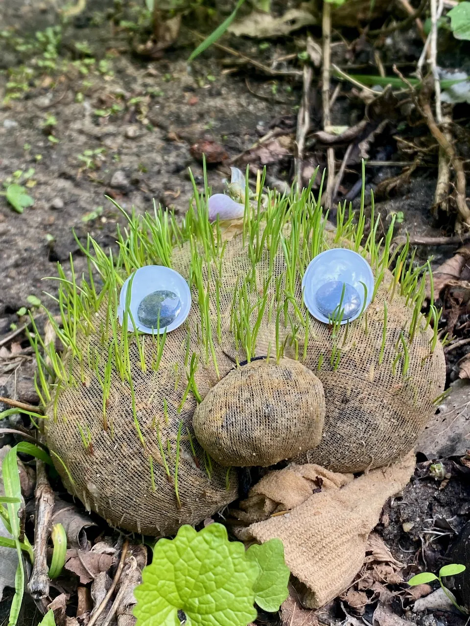 Selbst gebasteltes Gras-Wesen mit Wackelaugen im Beet